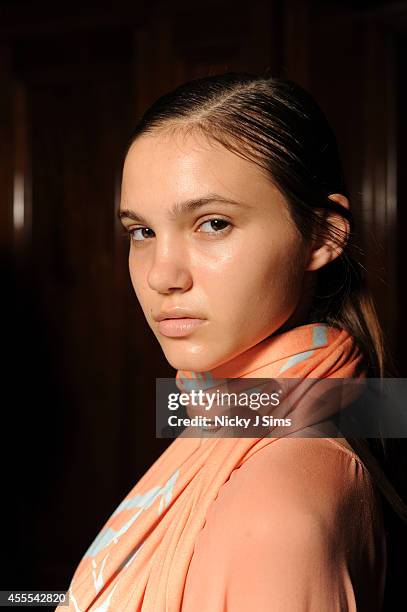 Model is seen backstage prior to the Isabel Garcia show during London Fashion Week Spring Summer 2015 at Fashion Scout Venue on September 16, 2014 in...