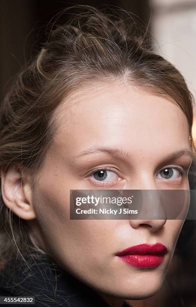 Model is seen backstage prior to the Isabel Garcia show during London Fashion Week Spring Summer 2015 at Fashion Scout Venue on September 16, 2014 in...