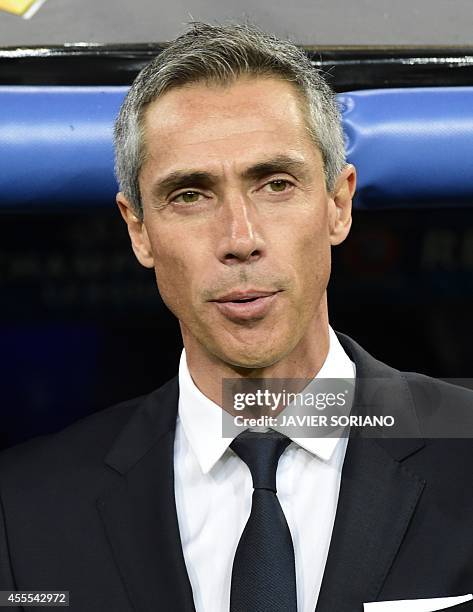 Basel's Portuguese coach Paulo Sousa looks on during the UEFA Champions League football match Real Madrid CF vs FC Basel 1893 at the Santiago...