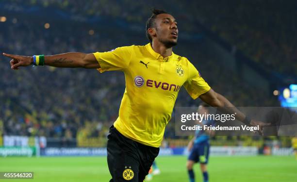 Pierre-Emmerick Aubameyang of Borussia Dortmund celebrates scoring the second goal during the UEFA Champions League Group D match between Borussia...