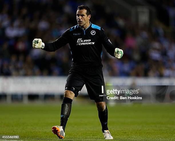 David Forde of Millwall celebrates his team's first goal of the game during the Sky Bet Championship match between Reading and Millwall at Madejski...