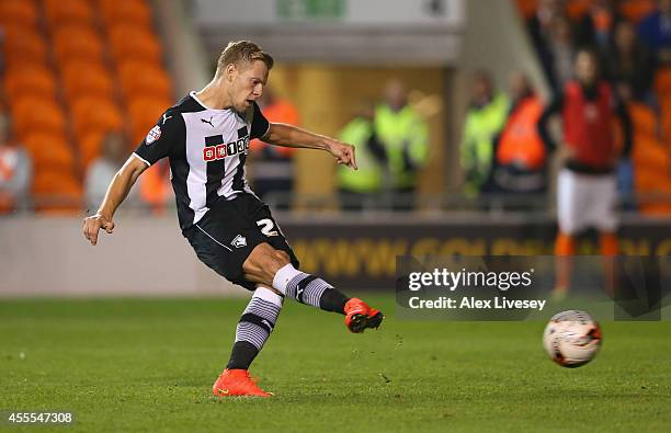 Matej Vydra of Watford scores the opening goal from the penalty spot during the Sky Bet Championship match between Blackpool and Watford at...