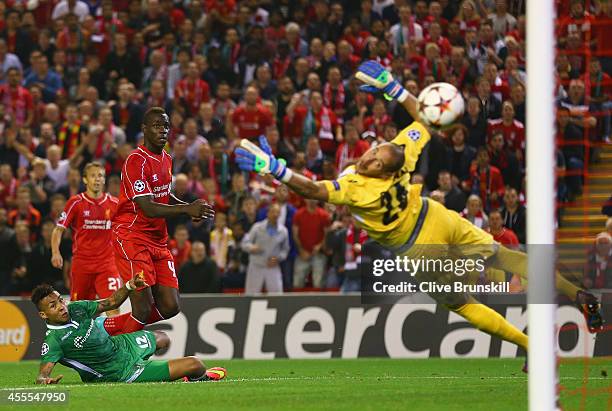 Mario Balotelli of Liverpool scores the opening goal past Milan Borjan of PFC Ludogorets Razgrad during the UEFA Champions League Group B match...