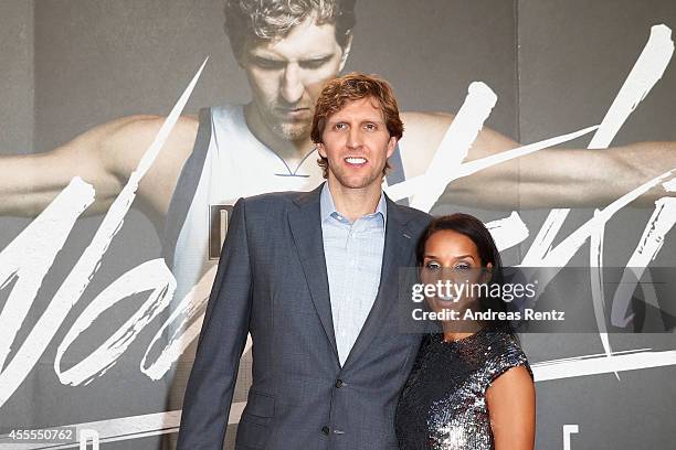 Dirk Nowitzki and his wife Jessica Nowitzki attend the premiere of the film 'Nowitzki. Der Perfekte Wurf' at Cinedom on September 16, 2014 in...