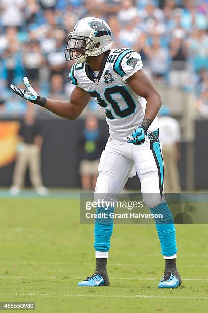 Antoine Cason of the Carolina Panthers against the Detroit Lions during their game at Bank of America Stadium on September 14, 2014 in Charlotte,...