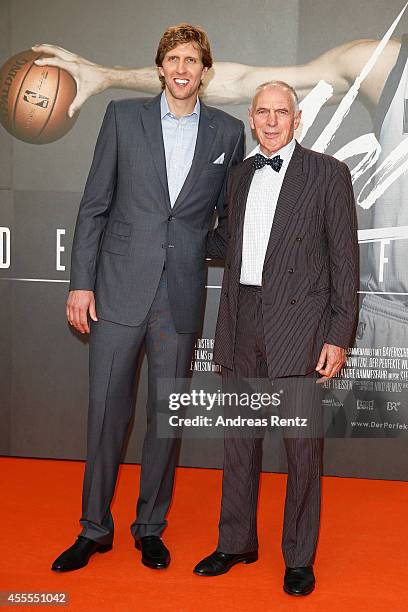 Dirk Nowitzki and Holger Geschwindner attends the premiere of the film 'Nowitzki. Der Perfekte Wurf' at Cinedom on September 16, 2014 in Cologne,...