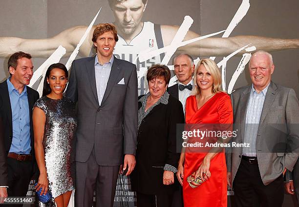 Roland Mayer, Jessica Nowitzki, Dirk Nowitzki, Helga Nowitzki, Holger Geschwindner, Silke Nowitzki and Joerg-Werner Nowitzki attend the premiere of...