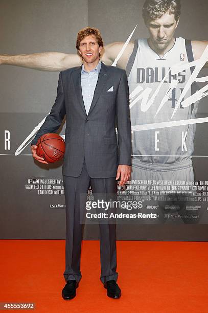 Player Dirk Nowitzki attends the premiere of the film 'Nowitzki. Der Perfekte Wurf' at Cinedom on September 16, 2014 in Cologne, Germany.