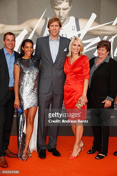 Roland Mayer, Jessica Nowitzki with Dirk Nowitzki, sister Silke Nowitzki and mother Helga Nowitzki attend the premiere of the film 'Nowitzki. Der...