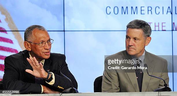 Administrator Charles Bolden and Kennedy Space Center Director Bob Cabana attend a NASA press conference at the Kennedy Space Center on September 16,...