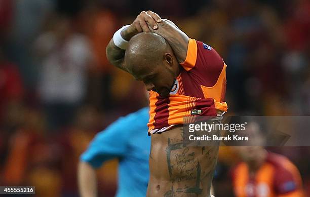 Galatasaray's Felipe Melo takes off his jersey after his UEFA Champions Leauge group D match on September 16 at TT Arena Stadium in Istanbul, Turkey.