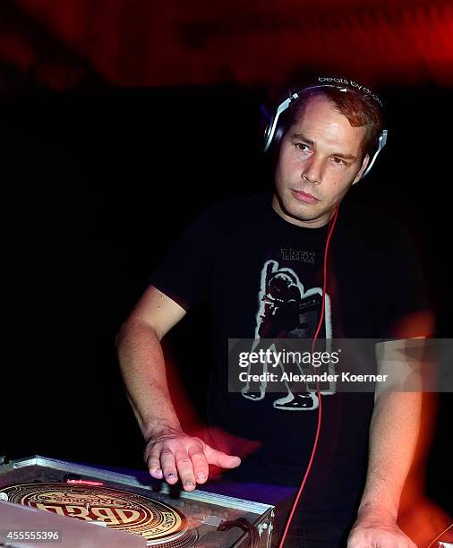 Shepard Fairey DJs during the Hennessy Very Special Limited Edition by Shepard Fairey launch party at Kraftwerk Mitte on September 16, 2014 in...