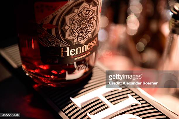 Bottle of special edition Hennessy cognac is seen at the Hennessy Very Special Limited Edition by Shepard Fairey launch party at Kraftwerk Mitte on...
