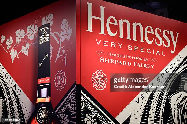 Signage is seen at the Hennessy Very Special Limited Edition by Shepard Fairey launch party at Kraftwerk Mitte on September 16, 2014 in Berlin,...