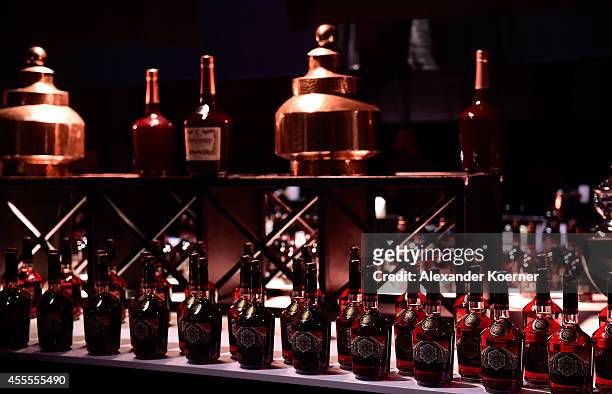 The bar, lined with special edition cognac bottles, is seen at the Hennessy Very Special Limited Edition by Shepard Fairey launch party at Kraftwerk...