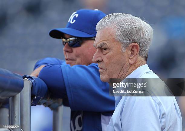 David Glass owner of the against the Kansas City Royals and manager Ned Yost of the Kansas City Royals watch batting practice prior to a game against...