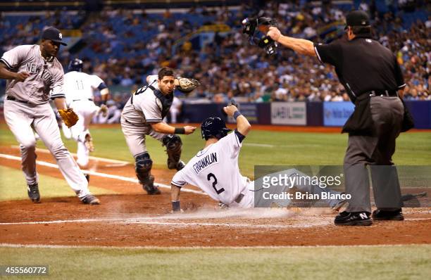 Nick Franklin of the Tampa Bay Rays slides safely into home plate ahead of catcher Francisco Cervelli of the New York Yankees and pitcher Michael...