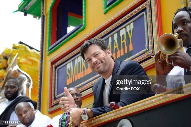 Judge Harry Connick Jr. Arrives for a taping of AMERICAN IDOL XIV on Wednesday, August 27, 2014 in New Orleans, LA, in a Mardi Gras float.