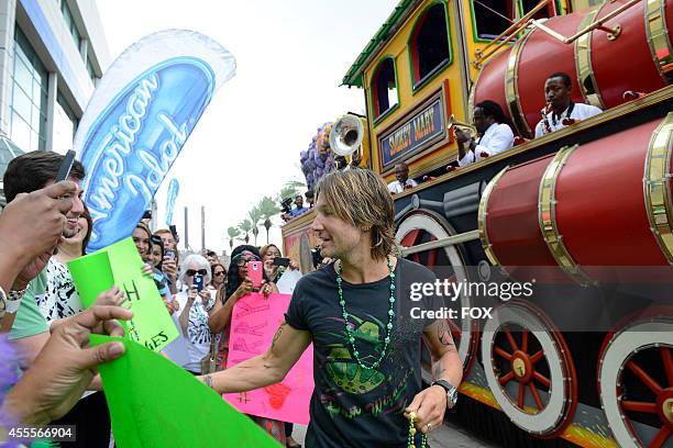 Judge Keith Urban arrives for a taping of AMERICAN IDOL XIV on Wednesday, August 27, 2014 in New Orleans, LA, in a Mardi Gras float.