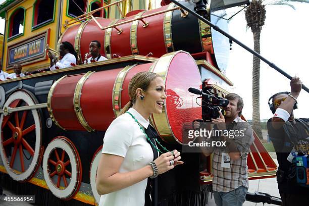 Judge Jennifer Lopez arrives for a taping of AMERICAN IDOL XIV on Wednesday, August 27, 2014 in New Orleans, LA, in a Mardi Gras float.