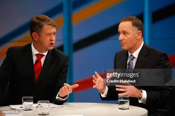 In this handout image provided by TVNZ, Prime Minister John Key and Labour Party leader David Cunliffe go head to head at the TVNZ leader's debate on...