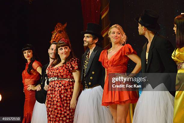 Fanny Fourquez, Maximilien Philippe, Lola Ces, Vincent Heden, Aurore Delplace and Golan Yosef perform during the 'Love Circus' Press Preview At the...