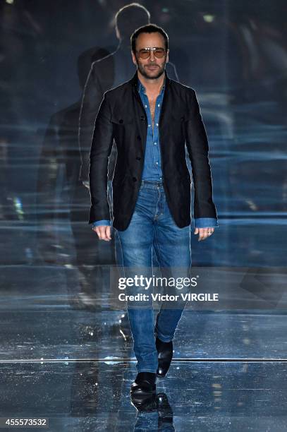 Designer Tom Ford walks the runway at the TOM FORD Ready to Wear show during London Fashion Week Spring Summer 2015 on September 15, 2014 in London,...