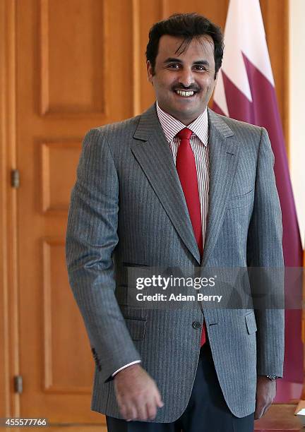 Sheikh Tamim bin Hamad Al Thani, the eighth and current Emir of the State of Qatar, arrives to meet with German President Joachim Gauck at Bellevue...