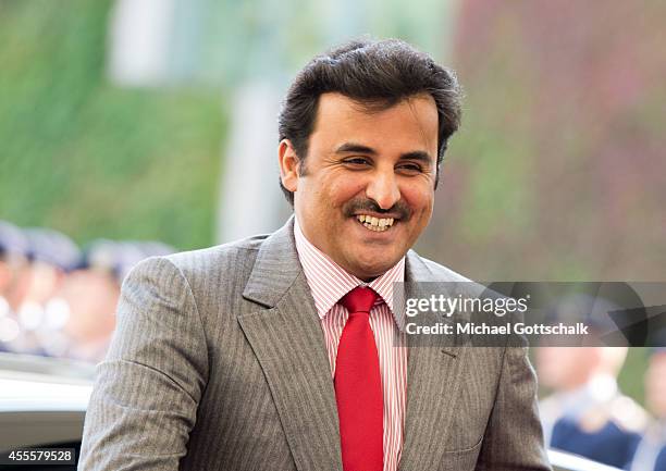 German Chancellor Angela Merkel and Sheikh Tamim bin Hamad Al Thani, the eighth and current Emir of the State of Qatar meet in chancellery on...