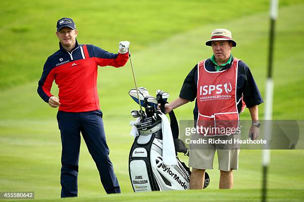 Jamie Donaldson of Wales with his caddy Mick Donaghy during the Pro-Am for the ISPS Handa Wales Open at Celtic Manor Resort on September 17, 2014 in...