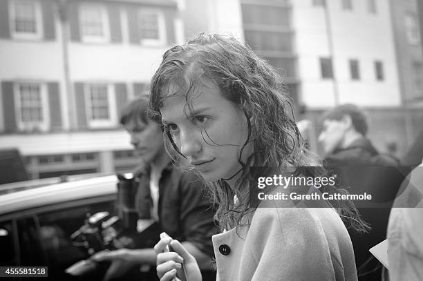 Model arrives at the TopShop Show Space during London Fashion Week Spring Summer 2015 on September 16, 2014 in London, England.