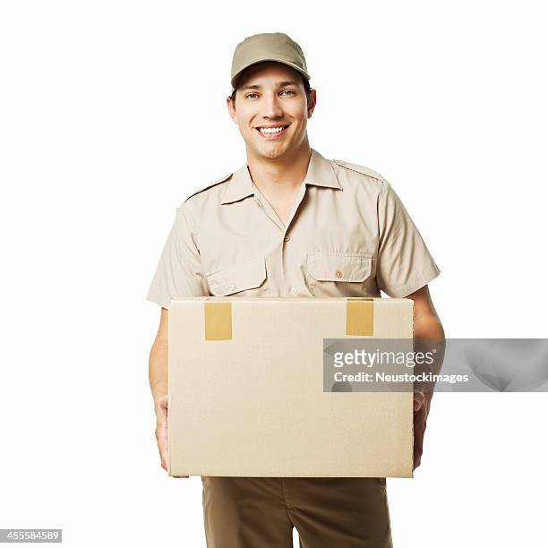 deliveryman holding a package - isolated - delivery person on white stock pictures, royalty-free photos & images