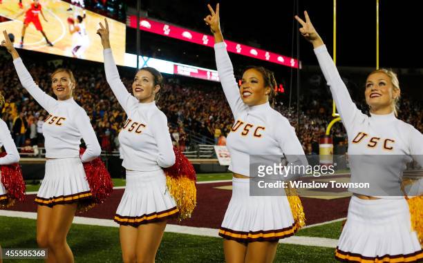 The USC cheerleaders during the game between the Boston College Eagles and the USC Trojans on September 13, 2014 at Alumni Stadium in Chestnut Hill,...