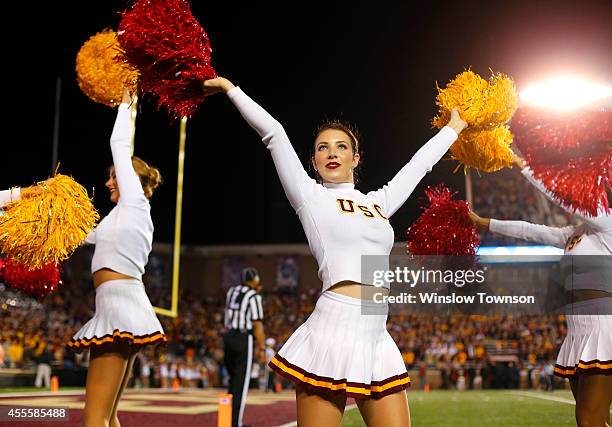 The USC cheerleaders during the game between the Boston College Eagles and the USC Trojans on September 13, 2014 at Alumni Stadium in Chestnut Hill,...