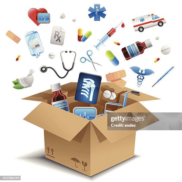 medical equipment in the box - saline bag stock illustrations
