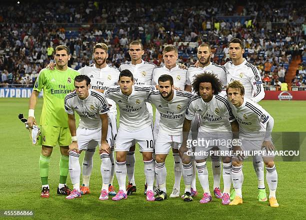 Real Madrid's Welsh forward Gareth Bale, Real Madrid's Colombian midfielder James Rodriguez, Real Madrid's defender Nacho, Real Madrid's Brazilian...