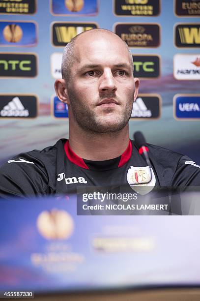 Standard de Liege's defender Jelle Van Damme gives a press conference on September 17, 2014 in Liege, ahead of tomorrow's UEFA Europa League in group...