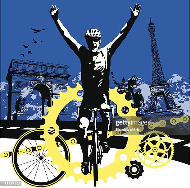 road bike cyclist winning the race in paris france - bike wheel race stock illustrations