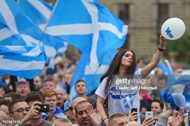 Yes activists gather in George Square on September 17, 2014 in Glasgow,Scotland.The referendum debate has entered its final day of campaigning as the...