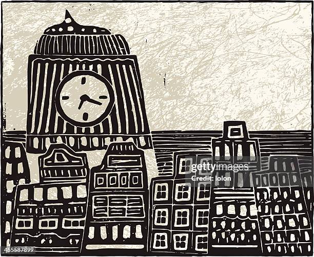 city with clouds - lino stock illustrations