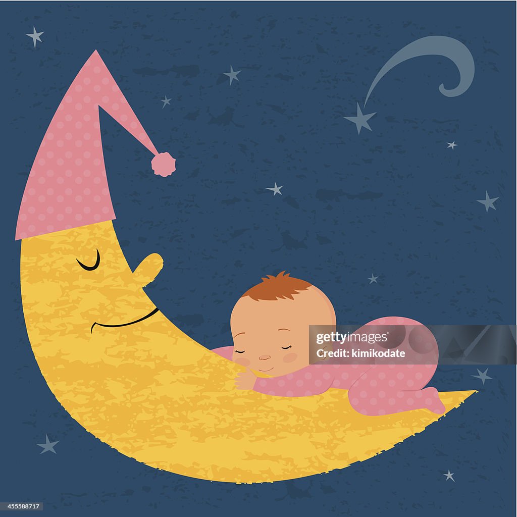 Sleeping baby girl on the moon