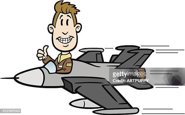 stockillustraties, clipart, cartoons en iconen met cartoon guy flying fighter jet - us air force
