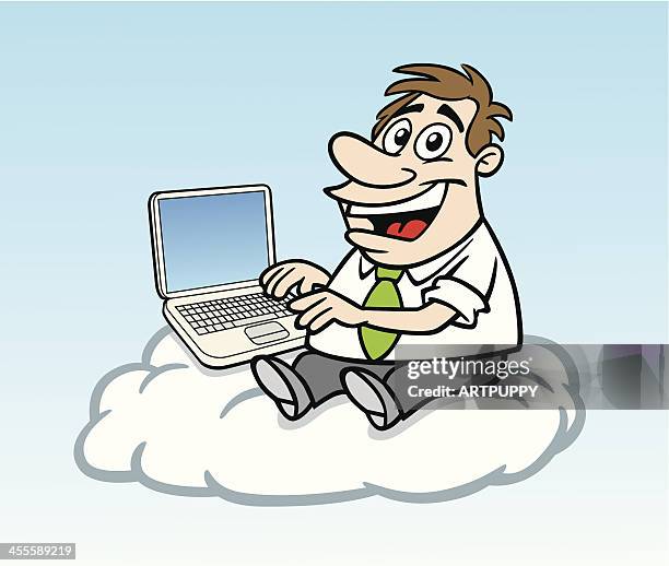 cartoon guy cloud computing - floating laptop stock illustrations
