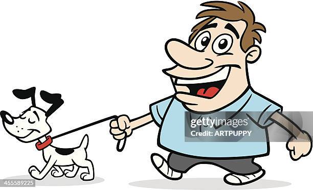 cartoon guy with dog - leash vector stock illustrations