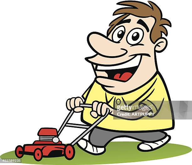 cartoon guy with mower - mower stock illustrations