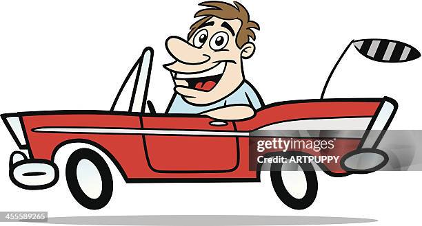 cartoon guy in classic car - convertible stock illustrations