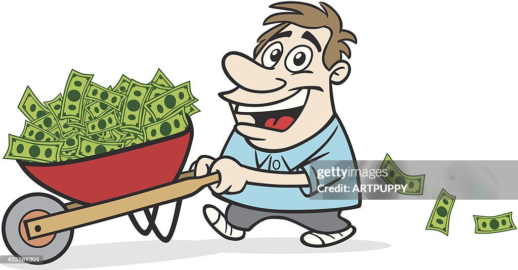 Cartoon Guy Carrying Wheelbarrow Full Of Money