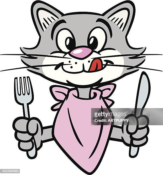 illustrazioni stock, clip art, cartoni animati e icone di tendenza di gatto mangiare con forchetta e coltello - cat food