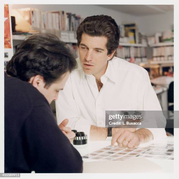 John F. Kennedy, Jr. Is photographed for the February 1996 issue of George Magazine in 1996 in New York City.