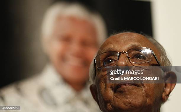 Anti-apartheid activist and close friend of former South African President Nelson Mandela, Ahmed Kathrada, talks during a tribute to Mandela at...